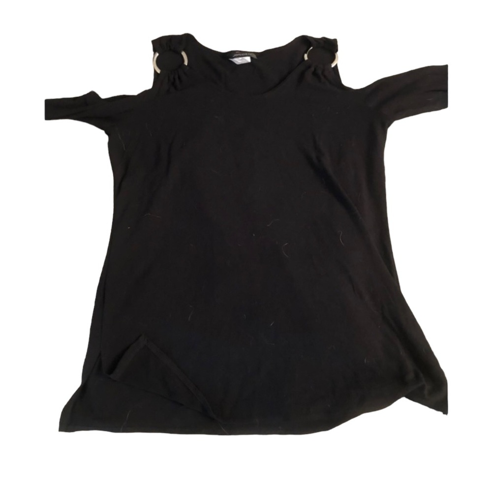 Jodan large black cold shoulder long bell sleeve silver ring detail, slit at hem